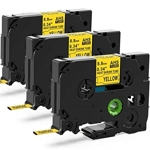 3x MarField HSe-621 8.8mm Schrumpfschlauch Schriftband Kompatibel mit Brother P-touch HS HSe621 Heat Shrink Tube Bänder Schwarz auf Gelb Etikettenband für PT-E110 E300/VP E550W/WVP P750WVP