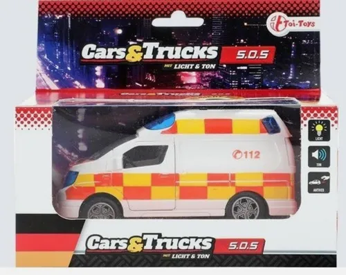 Deutsche Ambulanzreibung mit Licht und Ton - Rettungswagen Modellauto, mit Sound und Lichtfunktion für interaktiven Spielspaß