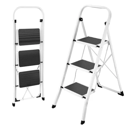 HBTower Trittleiter 3 Stufen klappbar, Trittleiter mit Anti-Rutsch-Pedal, Tragbare Robuste Tritthocker mit Handläufen, Perfekt für Küche & Haushalt, 150kg Kapazität, Weiß