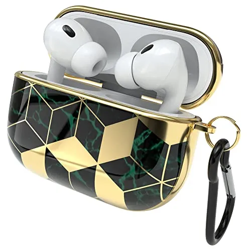 EAZY CASE - Schutzhülle für AirPods Pro 2 Hülle Grün Hard Case Stoßfest mit Karabiner geeignet als Schlüsselanhänger Antikratz Etui rutschfest Hardcase für Airpod Pro 2. Generation in Gold Grün Marmor