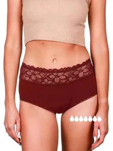 Taynie Deluxe Ultra Perioden Unterwäsche Starke Blutung - auslaufsichere & atmungsaktive Menstruationsunterwäsche - ersetzt 7 Tampons, Periodenslip Tragedauer bis 12Std, waschbar 60°C (38, Rot-braun)