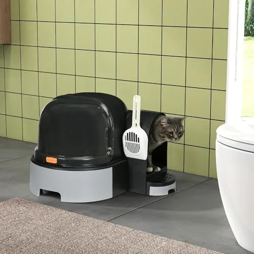 PawHut Katzentoilette mit Deckel - Moderne Katzentoilette mit geschütztem Design, zwei herausziehbaren Wannen und Schaufel für einfache Reinigung. Ideal für Katzen bis 4 kg, sorgt für Privatsphäre und Sauberkeit.