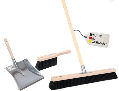 BawiTec Profi Kehrbesen Set Kehrset Besen 60cm Saalbesen #0808 Stiel Ø28mm,Holzstiel Länge 140cm,Handfeger 28cm,Metall-Kehrschaufel mit Holzgriff,feine weiche Kunsthaar-Borsten,Industriebesen