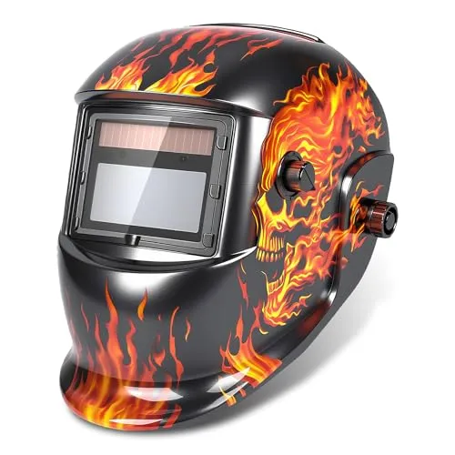 AMTAST Schweißhelm Auto Dunkelung Flammender Schädel Design Schweißmaske Schweißhaube mit 2 Sensoren Solarbetrieben Schweißhaube Helm mit verstellbarem Schattenbereich 4 & 9-13 (Modell AST01)