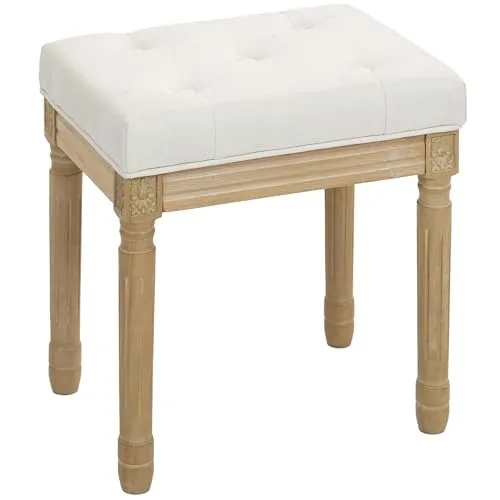 HOMCOM Leinen Sitzhocker, Polsterbank, Fußbank mit gepolstertem Sitz, Holzbeine, Fußstütze für Wohnzimmer, Schlafzimmer, 42 x 32 x 46,5 cm, Beige