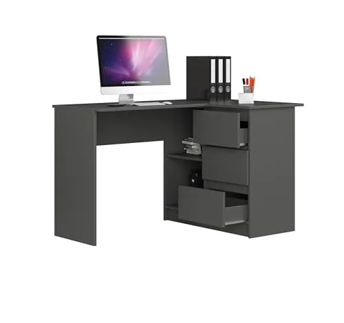 BDW Eckschreibtisch Grau rechts, 3 Schubladen rechts und 2 Regale, viel Platz zum Entfalten. Perfekt für Jugendzimmer, Büros und Ateliers.