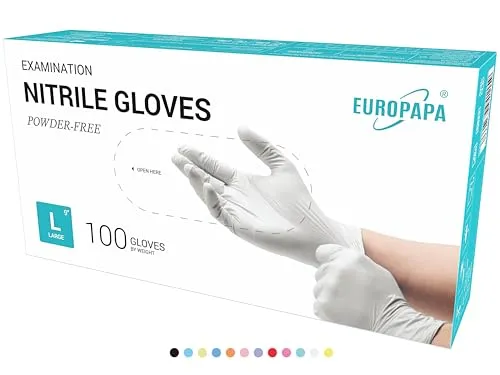 EUROPAPA® 100x Nitrilhandschuhe Box Einweghandschuhe, Einmalhandschuhe, Untersuchungshandschuhe, Nitril Handschuhe, puderfrei, ohne Latex, unsteril, latexfrei, disposible gloves (L, Weiß)