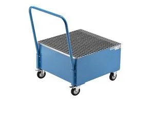 eurokraft basic Fahrbare Auffangwanne aus Stahlblech, LxB 800 x 800 mm, 1 x 200-l-Fass stehend, blau RAL 5012