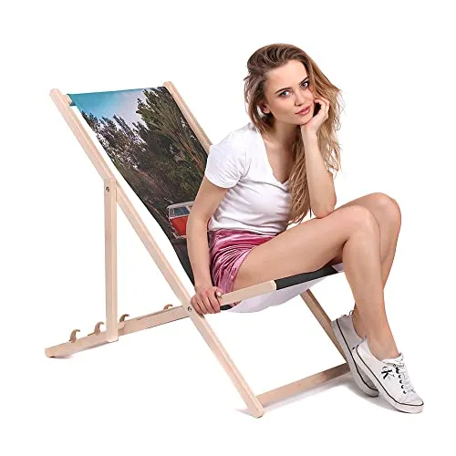 DreamRoots Liegestuhl Klappbar Holz aus Buchenholz, bis 130 kg belastbar, 3-Fach verstellbare Rückenlehne, waschbarer Polyesterbezug