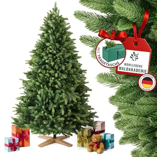 MerryTree Luxus Weihnachtsbaum 150 cm - Naturgetreue Nordmanntanne mit Holzfuß - Künstlicher Weihnachtsbaum mit 100% PE-Nadeln für eine naturgetreue Optik und einem stabilen Holzfuß. Unterstütze die Waldakademie mit jedem Kauf und erlebe eine nachhaltige Weihnachtszeit!