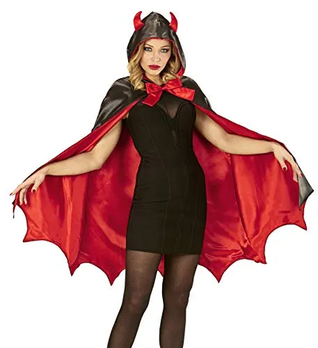 W WIDMANN MILANO Party Fashion - Kostüm Teufel, Umhang mit Kapuze - Kostüm-Outfits für Erwachsene, eleganter Satin Umhang in Rot und Schwarz mit Teufelshörnern, ideal für Halloween und Mottopartys.