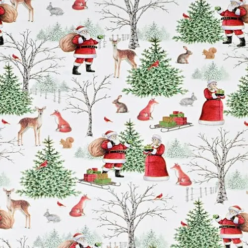 Geschenkpapier Weihnachten 70cm x 2m Rolle Creme Bunt - Weihnachtspapier mit Weihnachtsmann im Wald Motiv - Weihnachtsgeschenkpapier Santa Claus mit Geschenken - Geschenkverpackung XMAS