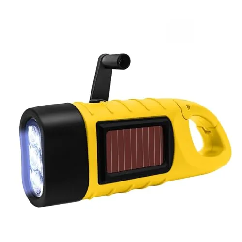 ONGNIUU Wiederaufladbare Taschenlampe mit Kurbel und Solar, superhelle LED für Camping, Notfälle, Notfall-Taschenlampe mit Kurbel, für Stromausfälle, Camping mit Karabiner, gelb (1 Stück)