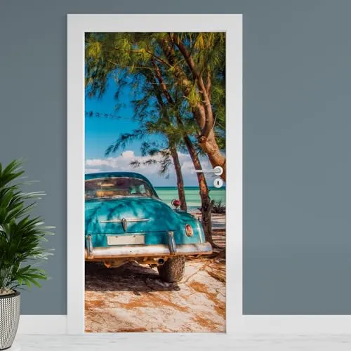 Finest Folia Türfolie 90x200 cm Türtapete Türposter Folie für Tür Wohnzimmer Kinderzimmer Küche Türaufkleber Bad Aufkleber selbstklebend TF01 (32 Auto am Strand)