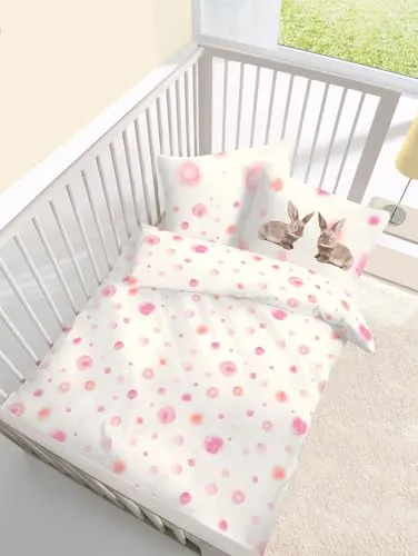 Dobnig Biber Bettwäsche 2tlg. Häschen rosa Punkte - Bettwäsche-Set für Kinderzimmer, aus 100% Baumwolle, allergikergeeignet und waschbar bis 60°C, ideal für süße Träume.