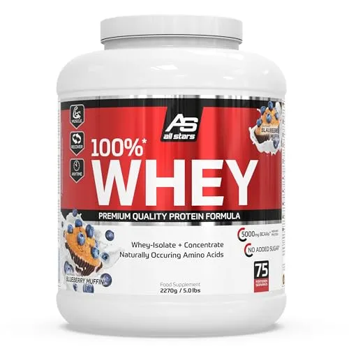 All Stars 100% WHEY PROTEIN 2270g - Blueberry Muffin - Molkenprotein mit hochwertigem Whey-Konzentrat & Isolat, ideal für schnellen Muskelaufbau und Diäten. Leckerer Blueberry Muffin-Geschmack für cremige Protein-Shakes.