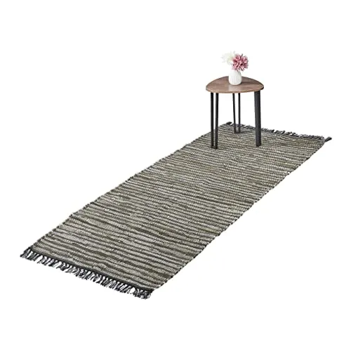 Relaxdays Flickenteppich, 80x200 cm, Baumwolle & Leder, Teppichläufer, Fransen, rutschfest, Fleckerlteppich, grün/beige