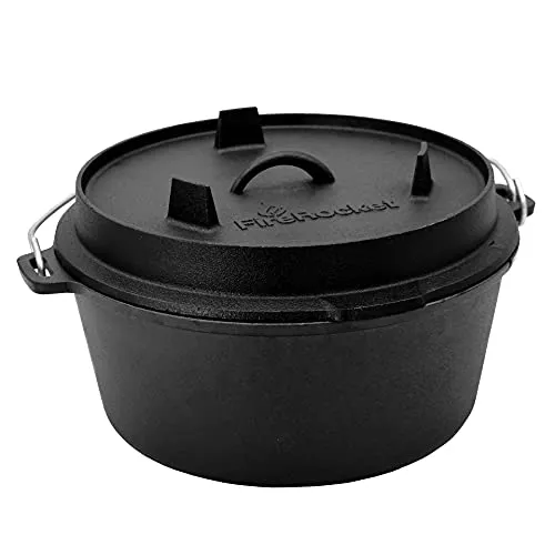 FireRocket Dutch Oven 9qt 8,5L - Premium Gusseisen Schmortopf ohne Füße - Holz & Kohle - Ideal für schmackhafte Gerichte, gleichmäßige Wärmeverteilung und lange Haltbarkeit dank hochwertigem Gusseisen.