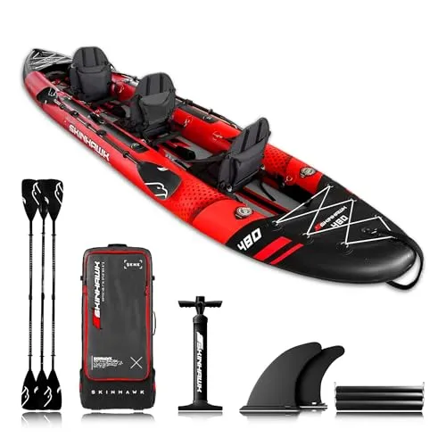 SKINHAWK Exclusiv Rot Kajak Set 480 – 3-Personen Schlauchboot - Aufblasbares Kajak für 3 Personen, mit Hochdruckboden für maximale Stabilität und Komfort. Das Set enthält alles für unvergessliche Abenteuer auf jedem Gewässer.