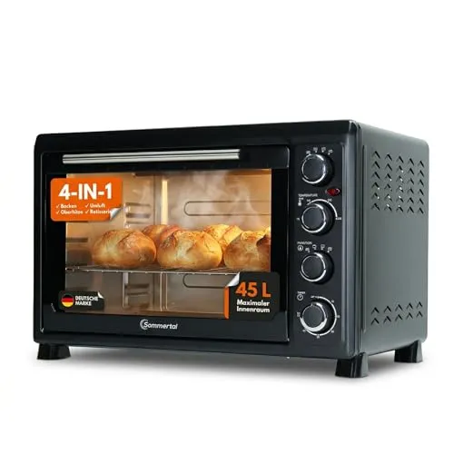 Sommertal Minibackofen 45L mit Drehspieß & Umluft, 2000W - Der große Minibackofen mit 45L bietet Platz für Hähnchen, Pizza und mehr. Mit Heißluftfunktion, integrierten Drehspieß und 60 Min. Timer ist er perfekt für die ganze Familie. Ideal zum gleichzeitigen Zubereiten verschiedener Gerichte.