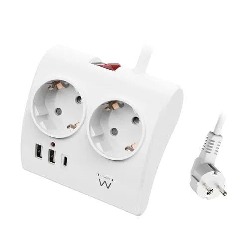 Ewent Mehrfachsteckdose mit USB-Anschlüssen - Schutzkontaktstecker mit 2 Schuko-Steckdosen und 3 USB-Anschlüssen inklusive USB-C. Ideal für Schreibtische, Überlastschutz und 3680 W Leistung sorgen für Sicherheit und schnelle Ladeoptionen.