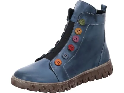Gemini Damen Stiefelette aus Leder mit Gummizug und bunter Knopfleiste - Blau - Größe 38 - Wanderschuhe mit einzigartigem Design, Gummizug und bunter Knopfleiste für eine individuelle Note. Ideal für normale bis kräftigere Füße, perfekt für die Übergangszeit.