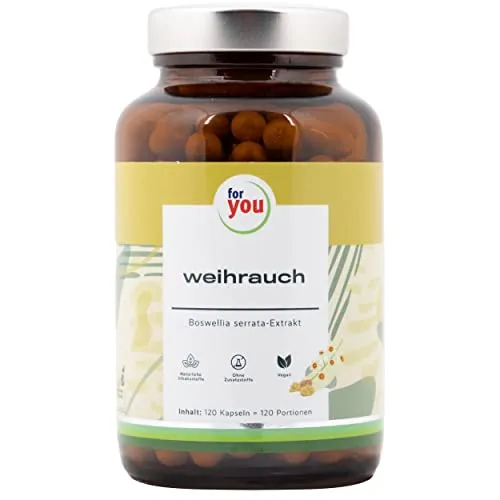 for you weihrauch aus dem Harz des Boswellia Serrata Baumes 120Kapseln - Indischer Weihrauch standardisiert auf 65% Boswelliasäure + darmfreundlichem Ingwerwurzelpulver - 400mg pro Kapsel, hochdosiert