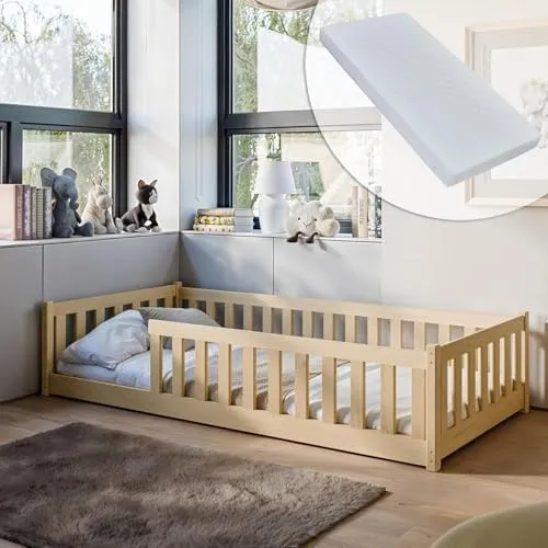 Montessori Kinderbett 90x190 cm mit Matratze & Rausfallschutz aus Kiefer Holz