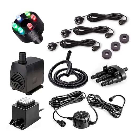 CLGarden Springbrunnenpumpe SP3-SL Set mit RGB LED-Ringen - Brunnenzubehör & Kaskadenzubehör, Komplettset mit leiser Tauchpumpe und automatischer Lichtsteuerung für stimmungsvolle Wasserspiele.
