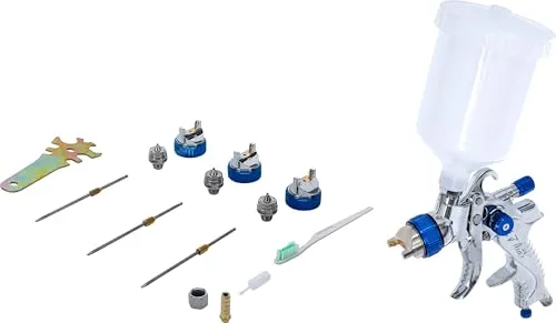 BGS-technic Lackierpistole 70048 HVLP Set - Farbsprühsysteme mit 3 Düsensätzen für präzises Arbeiten, ideal für kleine Projekte und schwer zugängliche Stellen. Ergonomisches Design für ermüdungsfreies Arbeiten.