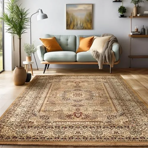 Orientalischer Teppich Wohnzimmer, Schlafzimmer, Esszimmer, Läufer, Flur Boho Teppich Kurzflor Weich 12 mm Carpet Orient, Beige, 80 x 150 cm