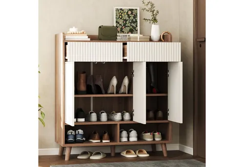 OKWISH Schuhschrank mit 3 Türen und 2 Schubladen in Weiß/Natur - Praktischer Schuhschrank für Flur und Eingangsbereich mit 3 Türen, 2 Schubladen und offenen Fächern. Bietet vielseitigen Stauraum und passt sich optimal an verschiedene Wohnstile an.