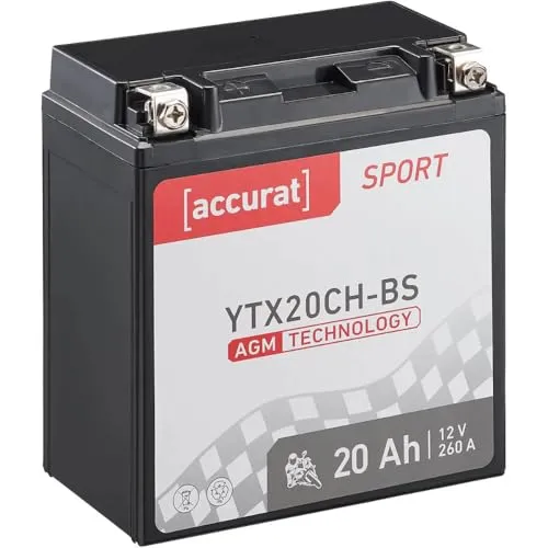 Accurat Motorradbatterie YTX20CH-BS - 12V, 20Ah, 260A, rüttelfest, wartungsfrei - Starterbatterie, AGM Batterie in Erstausrüsterqualität für Rasentraktor, Roller, Motorrad, Quad