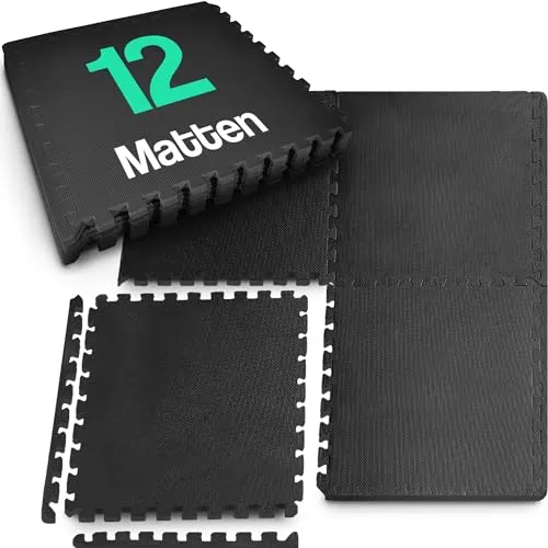 Hulser Fitness Puzzlematte - 60 x 60 x 1,2 cm - 12 Stück - 4,32 m2 - Bodenschutzmatten für Sporträume und Zuhause - Unterlegmatte für Fitnessgeräte - Fitnessmatte - Trainingsmatten - Schutzmatten