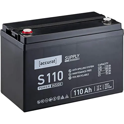 Accurat AGM Batterie S110-12V, 110Ah, zyklenfest, wartungsfrei - VRLA Versorgungsbatterie, Blei Akku, Solarbatterie, Bootsbatterie für Wohnmobil, Wohnwagen, Camper, Bootsbatterie