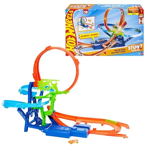 Hot Wheels Spielzeugauto-Trackset, Stunttrack Unendliche Crash-Action mit Die-Cast-Spielzeugauto im Maßstab 1:64 und batteriebetriebenem Beschleuniger für endlose Stunts und Rennen, JKJ78