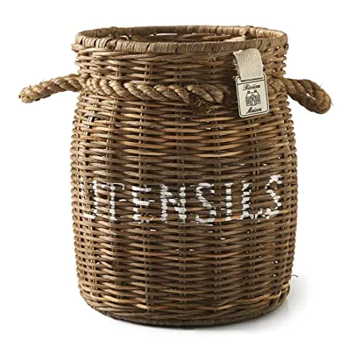 Riviera Maison küchenutensilien, löffelhalter, besteckkorb Rattan, Küche behälter, besteckbehälter rund, rattankörbe - Avenue Kitchen Utensils Canister - Rattan, Braun - Handgefertigt - Hx∅ 21x16