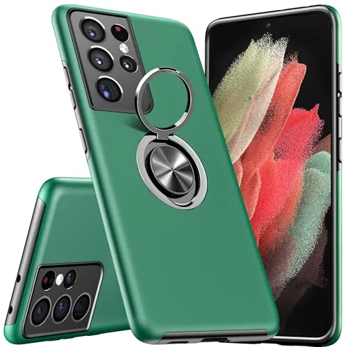 KRAFTCARE Hülle für Samsung Galaxy S21 Ultra, Handyhülle mit Eingebetteter 360° Grad Ring, Magnetische Schutzhülle TPU Stoßfest Cover Case für Samsung S21 Ultra 5G, Dunkelgrün