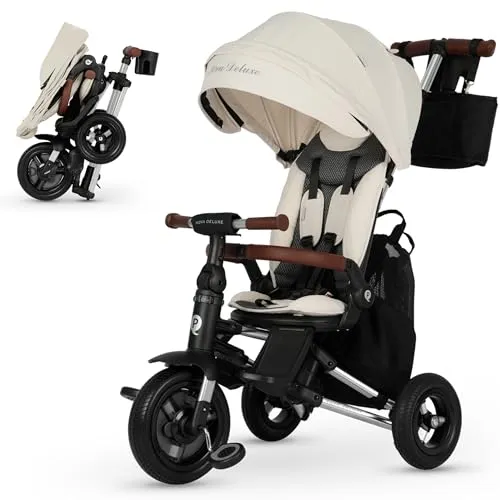 QPlay Nova Deluxe Evolutionärer Kinderwagen mit drehbarem Sitz, kompaktem Falten, verstellbarem Verdeck, handgefertigtem Leder, Fußstütze und Bremsen, für Kinder von 10 bis 36 Monaten (Beige)
