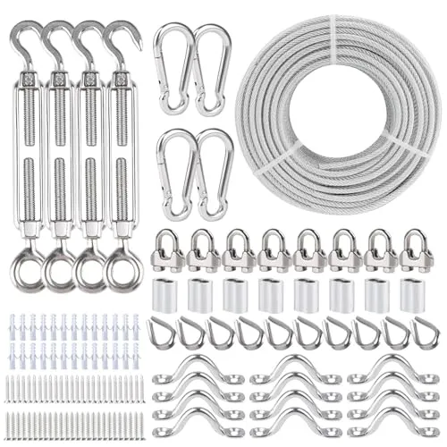 hannger Edelstahl Spannschlösser für Kabel Draht 5 mm, 60 m PVC Ummantelt 7×7 Strands Stahlseil mit Verschiedenen Hardware & Drahtseil für Geländer System Kit, Garten Draht Spalier, String Light