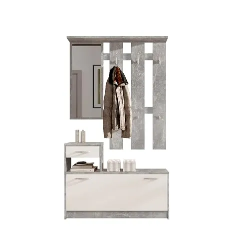 Garderobe Onno - Grau mit Spiegel und Stauraum - Garderobe mit 6 Haken, großem Spiegel und Platz für Schuhe. Ideal für den Flur, sorgt für Ordnung und Stil.