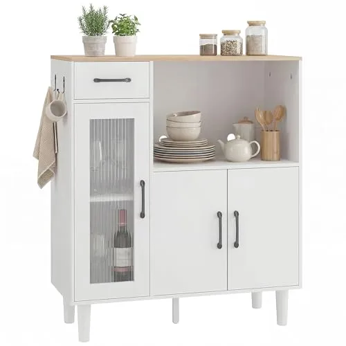 Modernes Sideboard Küchenschrank mit Schublade und 2 Schränken in Weiß+Eiche