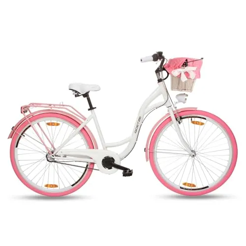 Goetze Damenfahrrad 28 Zoll 3 Gang Damen Citybike Stadtrad Damenrad Hollandrad Retro-Design Weidenkorb LED-Beleuchtung Weiß-Rosa