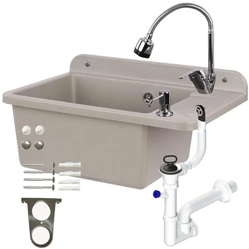 Waschbecken Ausgussbecken 51 cm Grau Granit Polystyrol Haushaltsspülbecken Spüle mit beweglich Armatur Spülbecken Waschtrog mit Überlauf Seifenspender Siphon wandausgussbecken
