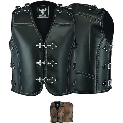 BULLDT Lederweste Herren Kalbsleder geflochten – Handgefertigte Motorradweste - Motorradwesten aus 100% echtem Kalbsleder, robust und komfortabel, mit verstellbarem Carabiner-Verschluss für eine individuelle Passform.