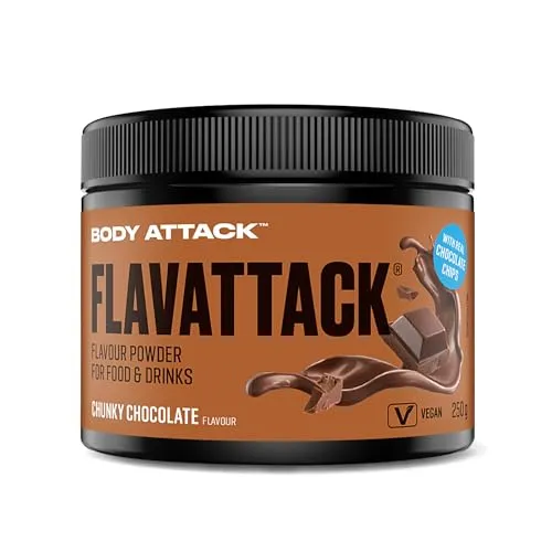 Body Attack Flavattack - Chunky Chocolate - 250 g, nur 9 kcal/Portion - Intensives Flavour Pulver für Müsli, Rice Pudding, Haferflocken, Drinks etc. - Geschmackspulver ohne Palmöl, Aspartam, Gluten