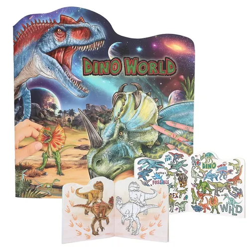 Depesche 13207 Dino World - Stickerbuch mit 20 illustrierten Hintergrundseiten, kreatives Gestalten mit Dinosaurier-Motiven und 6 Seiten Aufkleber