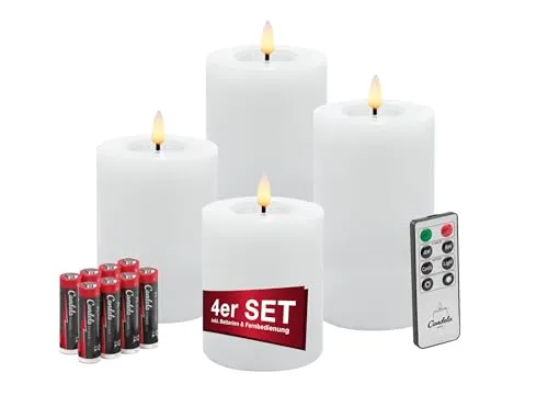 LC Home Candela Lights LED Kerzen 4er Set mit Fernbedienung, Batterien & Timerfunktion LED Echtwachs Kerzen Flammenfunktion & dimmbar Winter Weiß