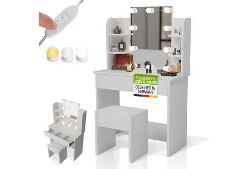 Juskys Schminktisch Zoey mit LED-Beleuchtung - Schminktisch mit dimmbarer LED-Beleuchtung und großem Spiegel, ideal für modernes Styling. Inklusive Hocker und viel Stauraum für Kosmetik und Schmuck – perfekt für dein Schlafzimmer oder Ankleidezimmer.