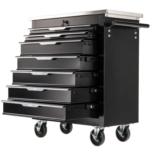 STIX Werkstattschrank GarageGo P7 - 7 Schubladen mit Rollen - Werkstattwagen mit 7 Schubladen, mobiler und sicherer Einsatz dank 4 Rollen mit Bremse, hochwertige Edelstahl-Arbeitsplatte für vielseitige Anwendungen.